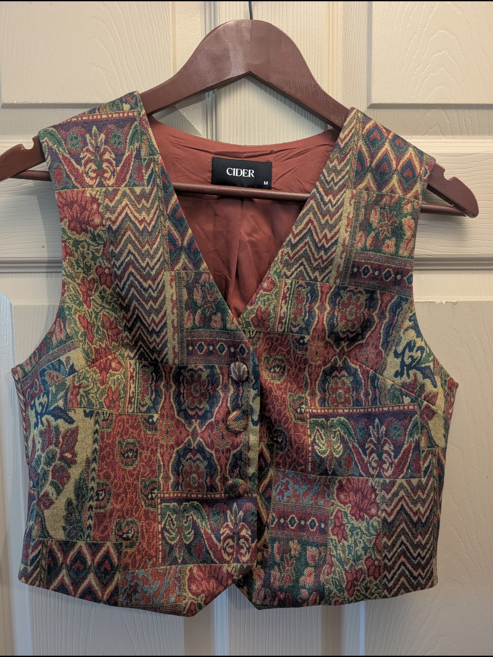 Cider Patchwork Tapestry Vest in Rust, Green & Navy